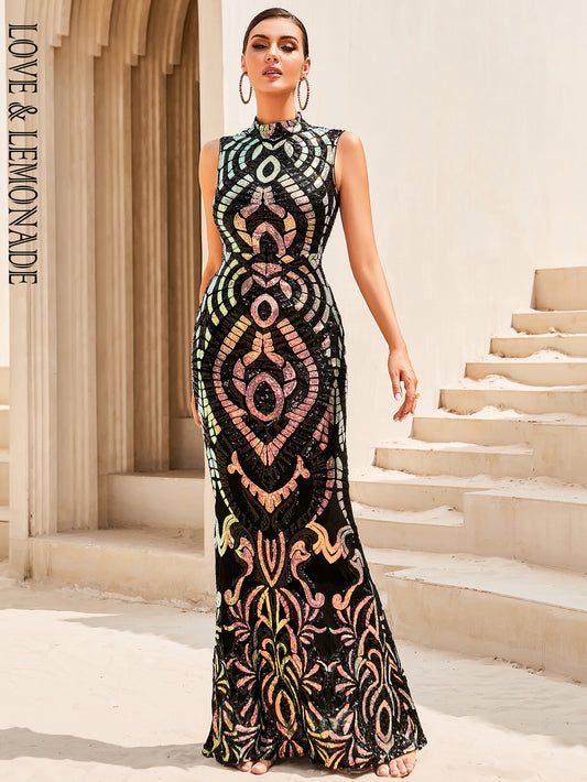 LOVE&amp;LEMONADE Sexy Black Stand Collar Sequined Tunic Sleeveless Geometric Fishtail Party Maxi Dress LM84139-1