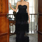 LOVE&amp;LEMONADE Sexy Black Strapless Off-The-Shoulder Mesh Lace-Trimmed Floor-Length Party Dress LM83983