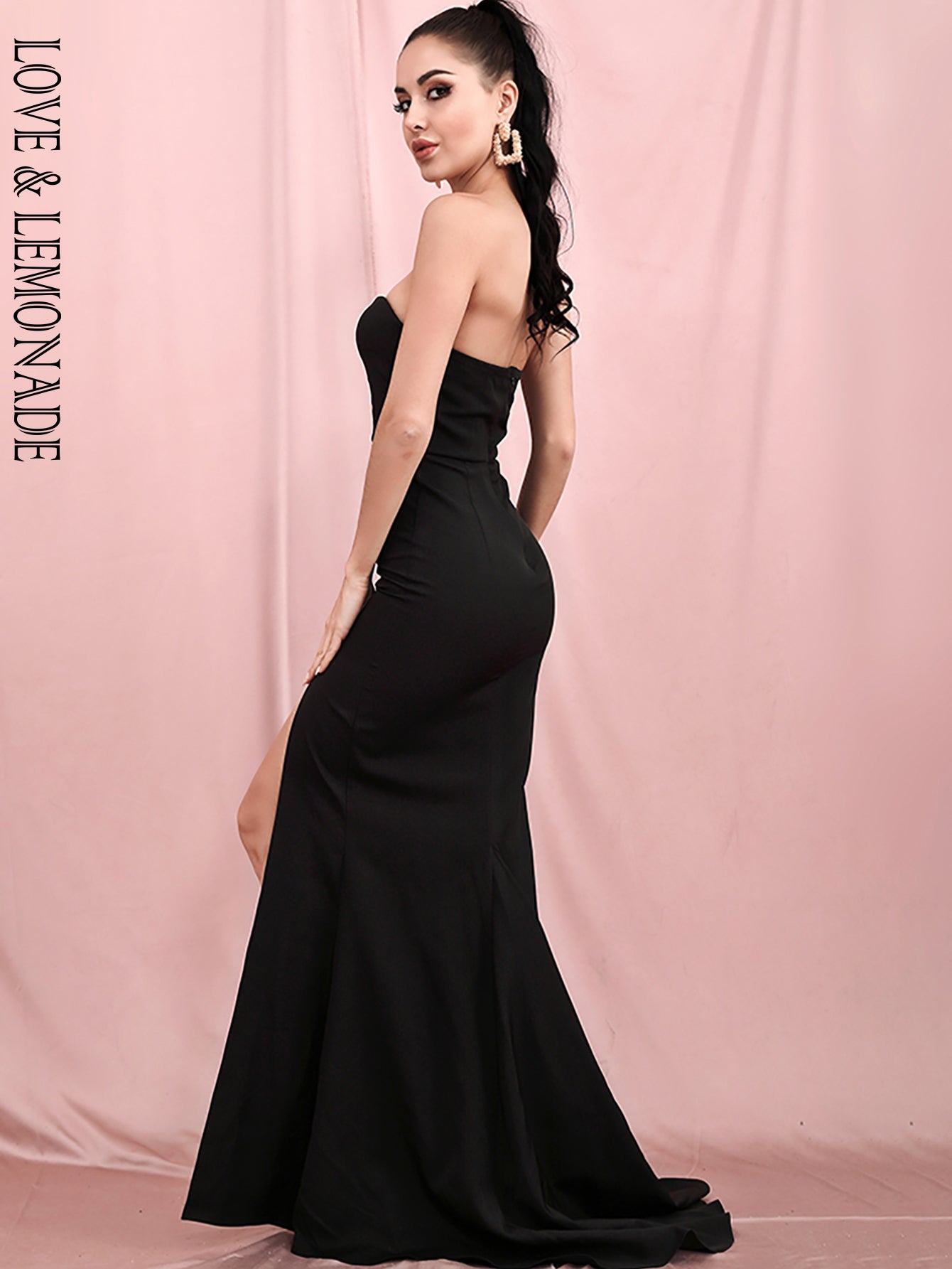 LOVE&amp;LEMONADE Sexy Black Tube Top Bodycon Whit Split Trailing Party Maxi Dress LM81481B