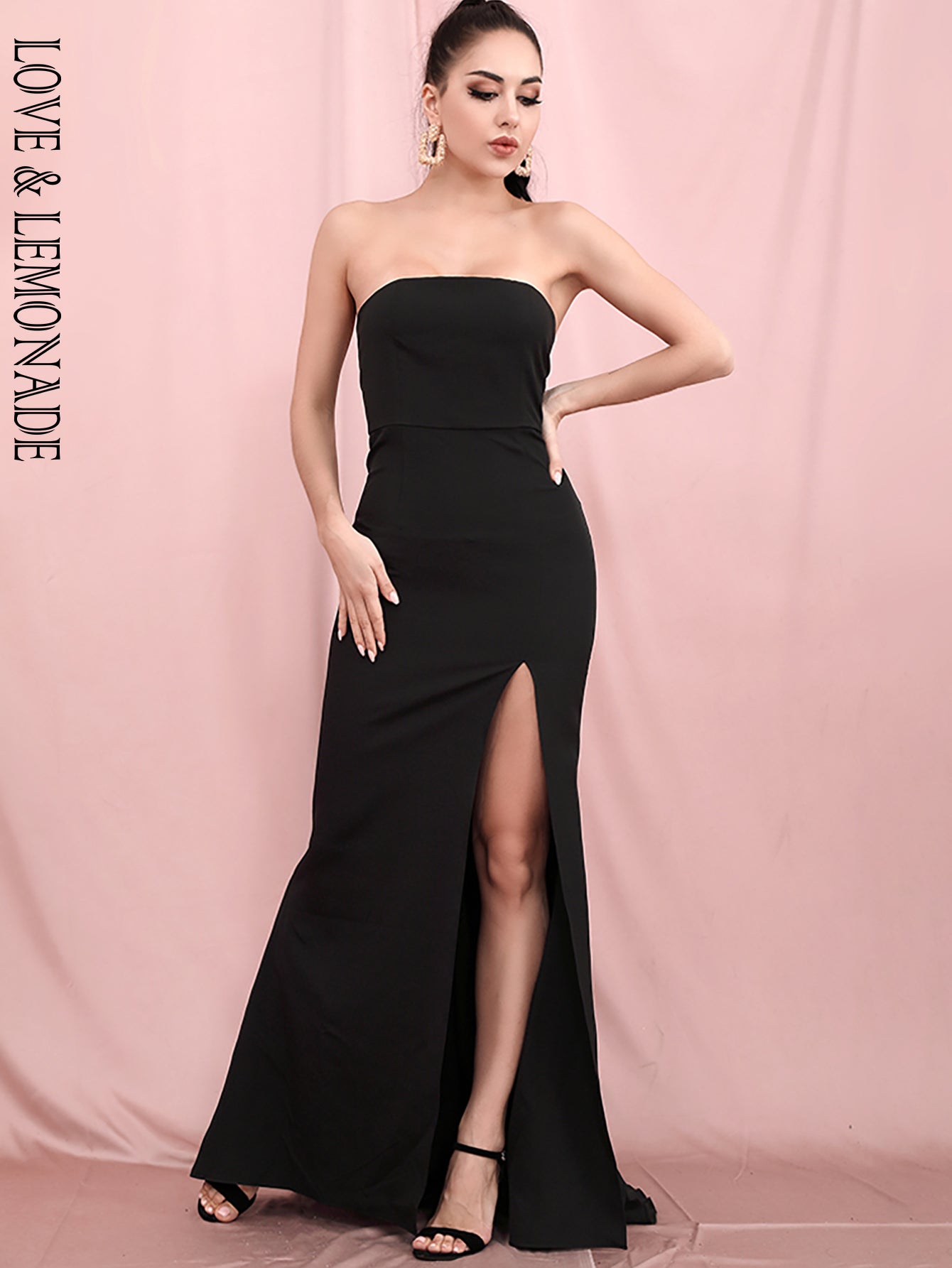 LOVE&amp;LEMONADE Sexy Black Tube Top Bodycon Whit Split Trailing Party Maxi Dress LM81481B