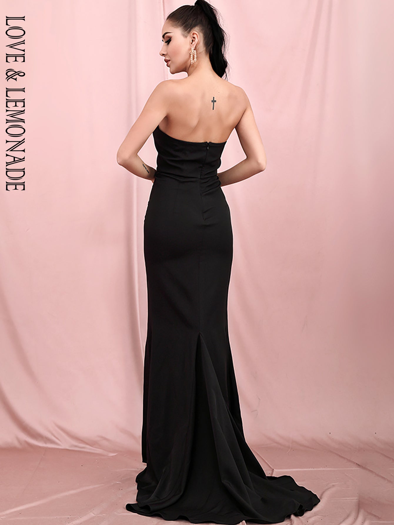 LOVE&amp;LEMONADE Sexy Black Tube Top Bodycon Whit Split Trailing Party Maxi Dress LM81481B