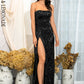 LOVE &amp; LEMONADE Sexy Black Tube Top Ruffled Whit Split Elastic Sequins Party Maxi Dress LM82032