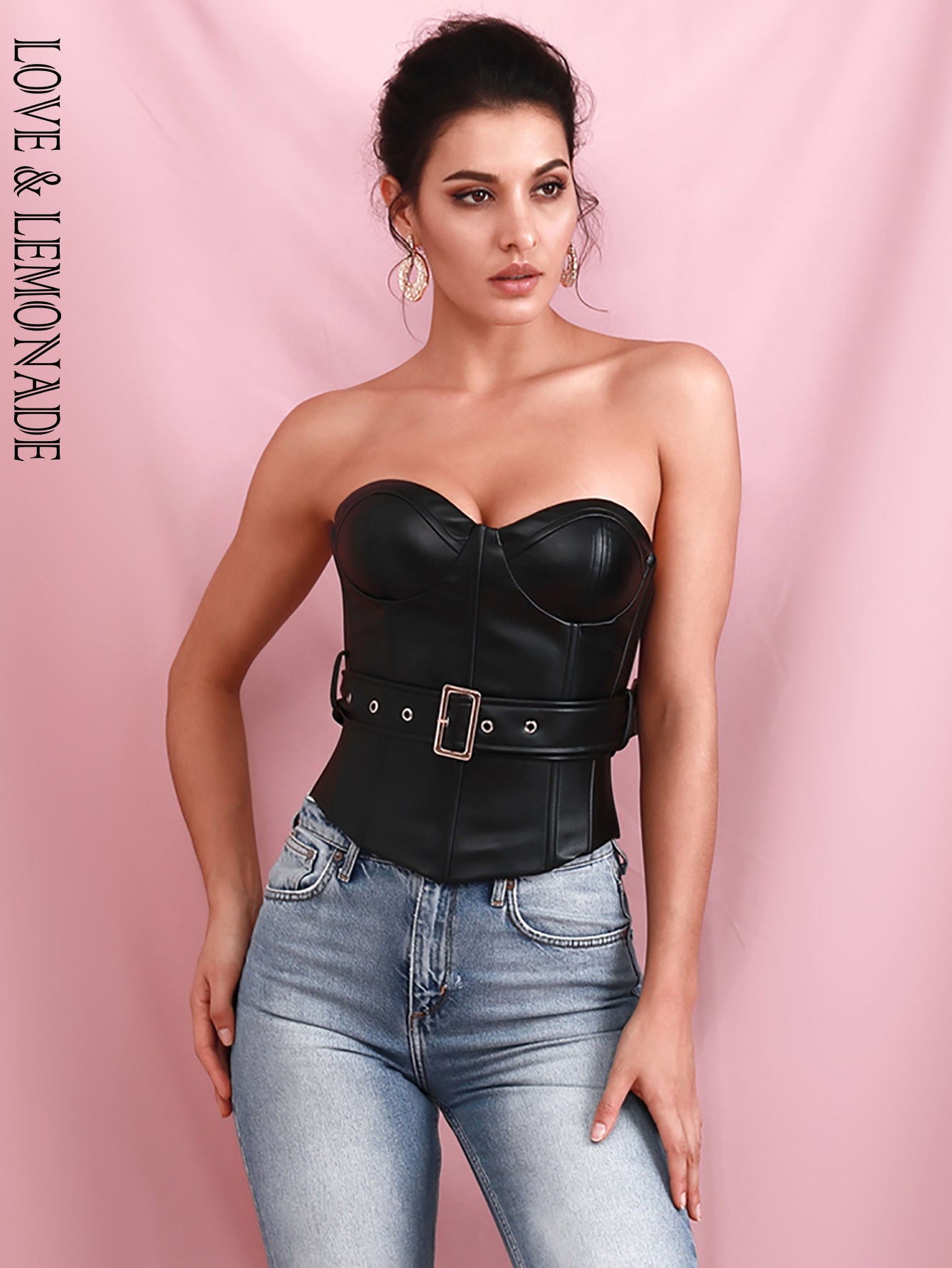 LOVE &amp; LEMONADE Sexy Black Tube Top Support Elastic PU Top (With Belt) LM82250