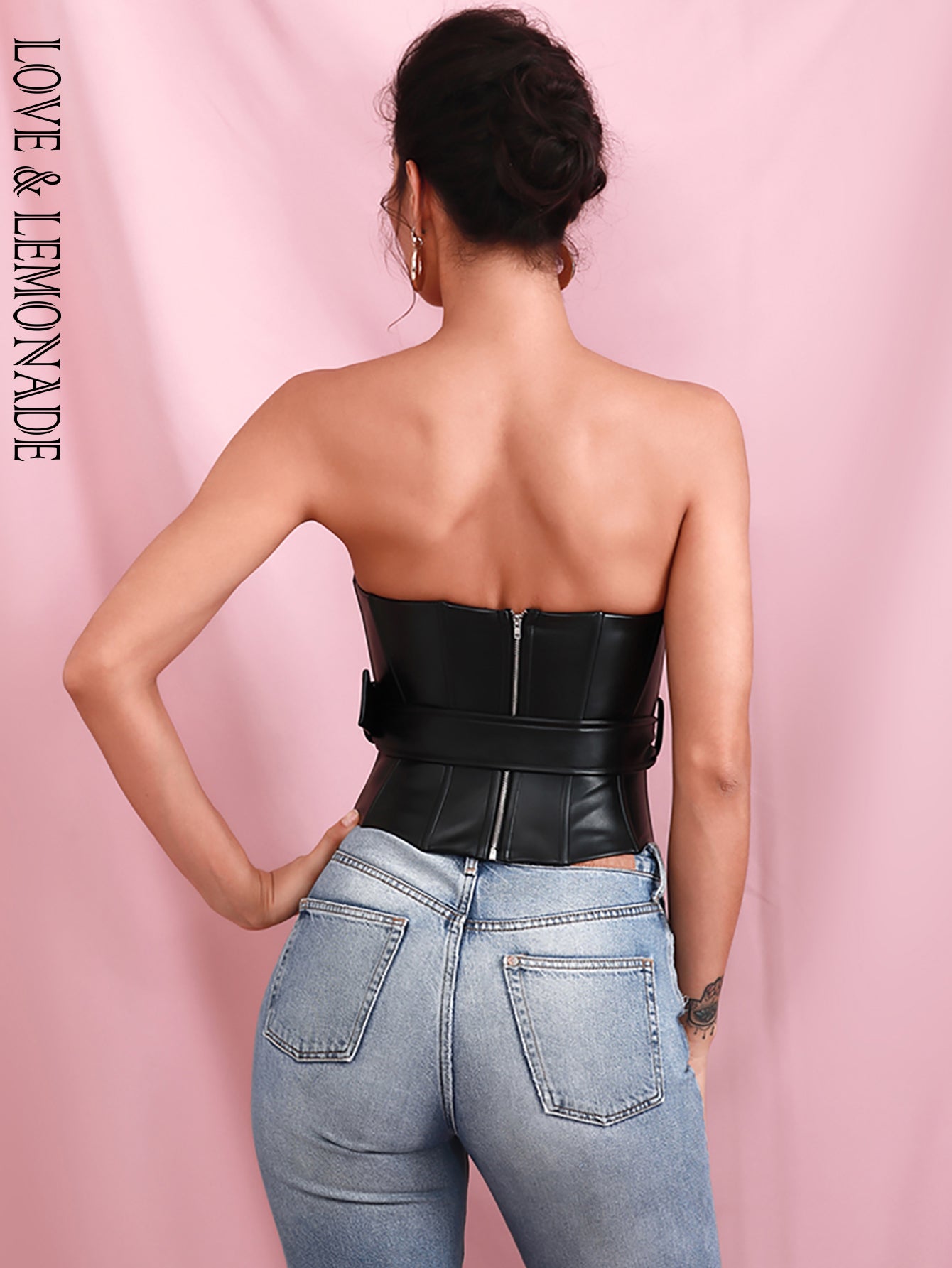 LOVE &amp; LEMONADE Sexy Black Tube Top Support Elastic PU Top (With Belt) LM82250