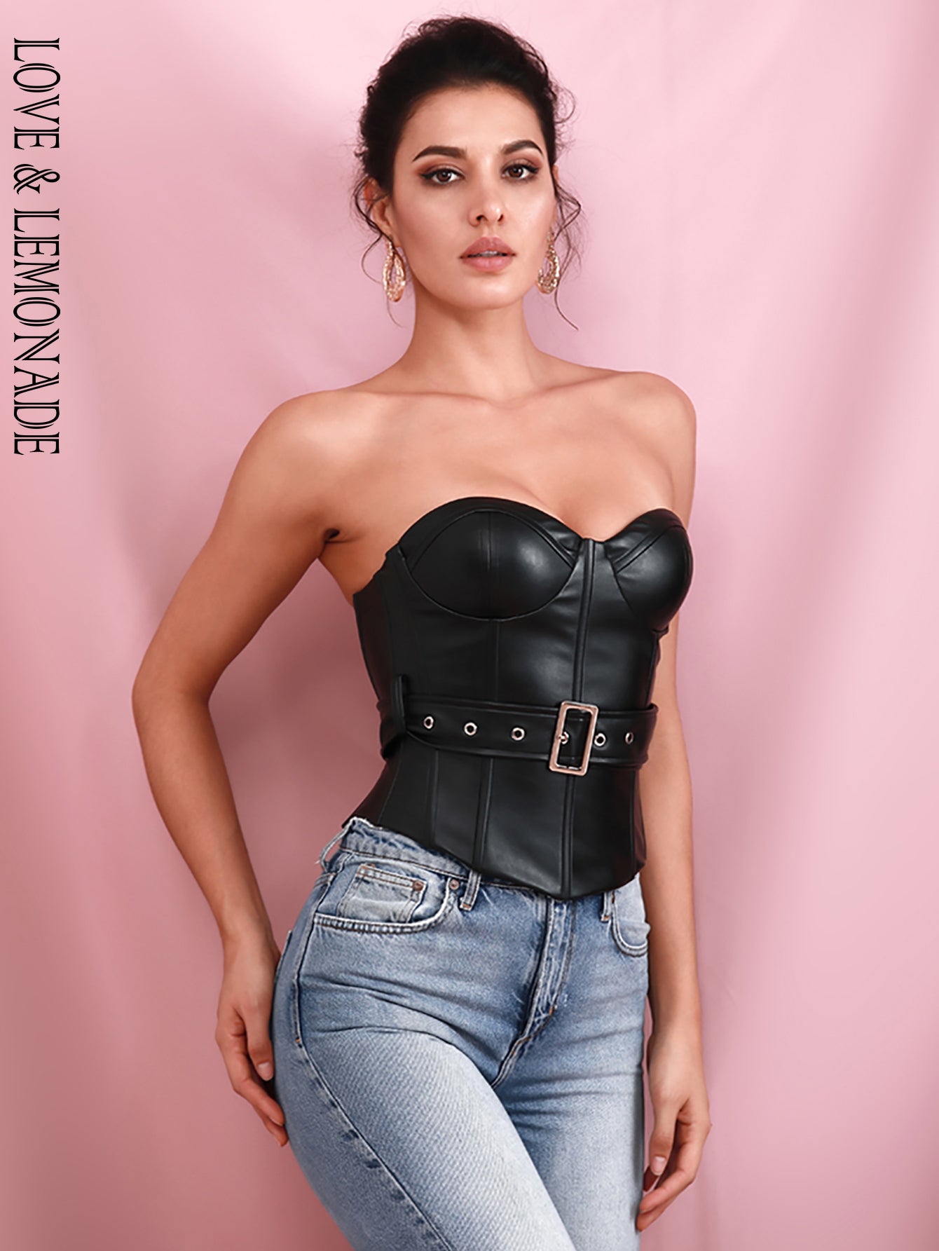 LOVE &amp; LEMONADE Sexy Black Tube Top Support Elastic PU Top (With Belt) LM82250