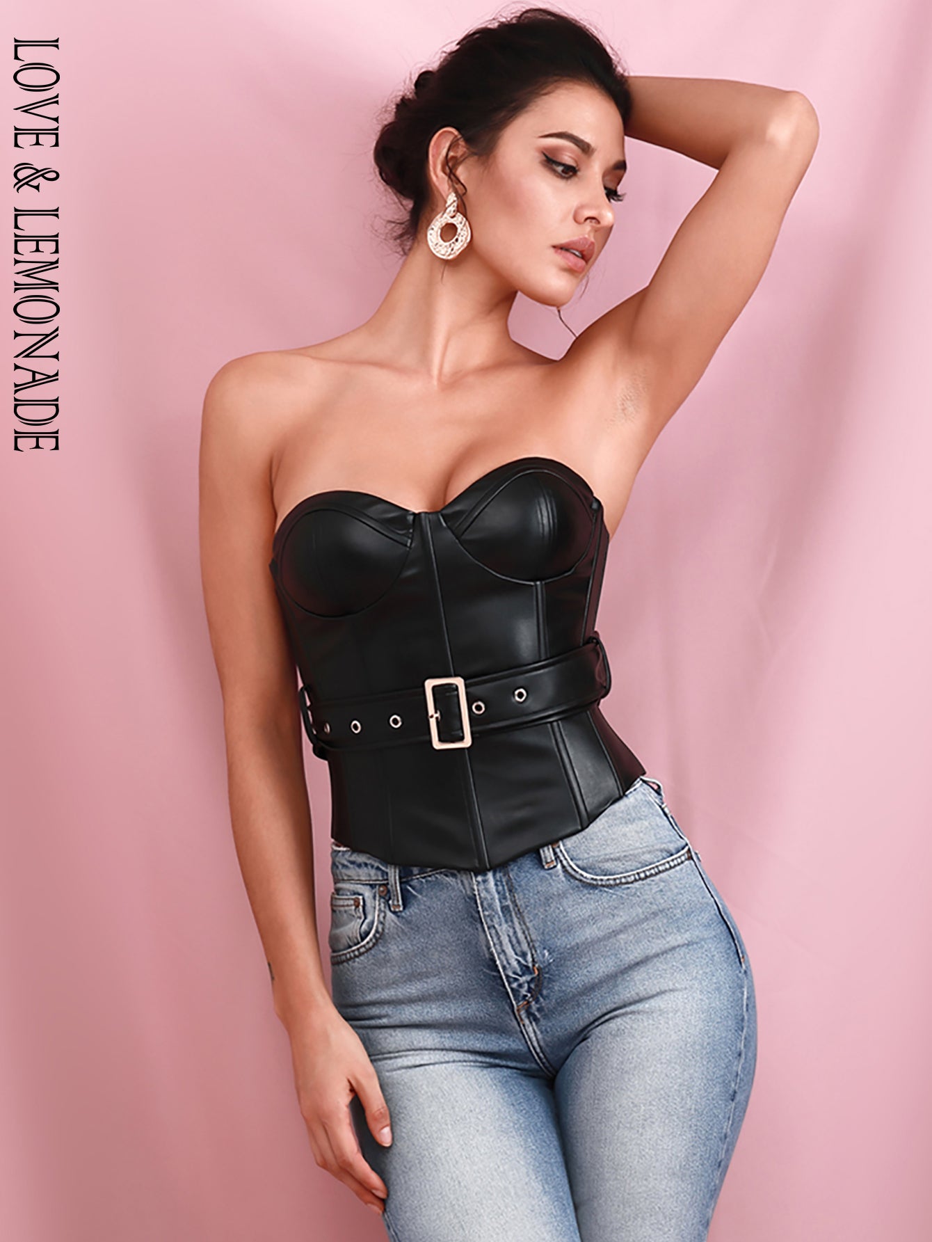 LOVE &amp; LEMONADE Sexy Black Tube Top Support Elastic PU Top (With Belt) LM82250