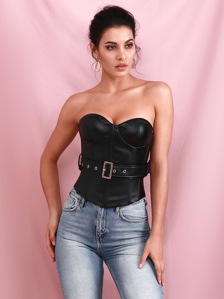 LOVE &amp; LEMONADE Sexy Black Tube Top Support Elastic PU Top (With Belt) LM82250