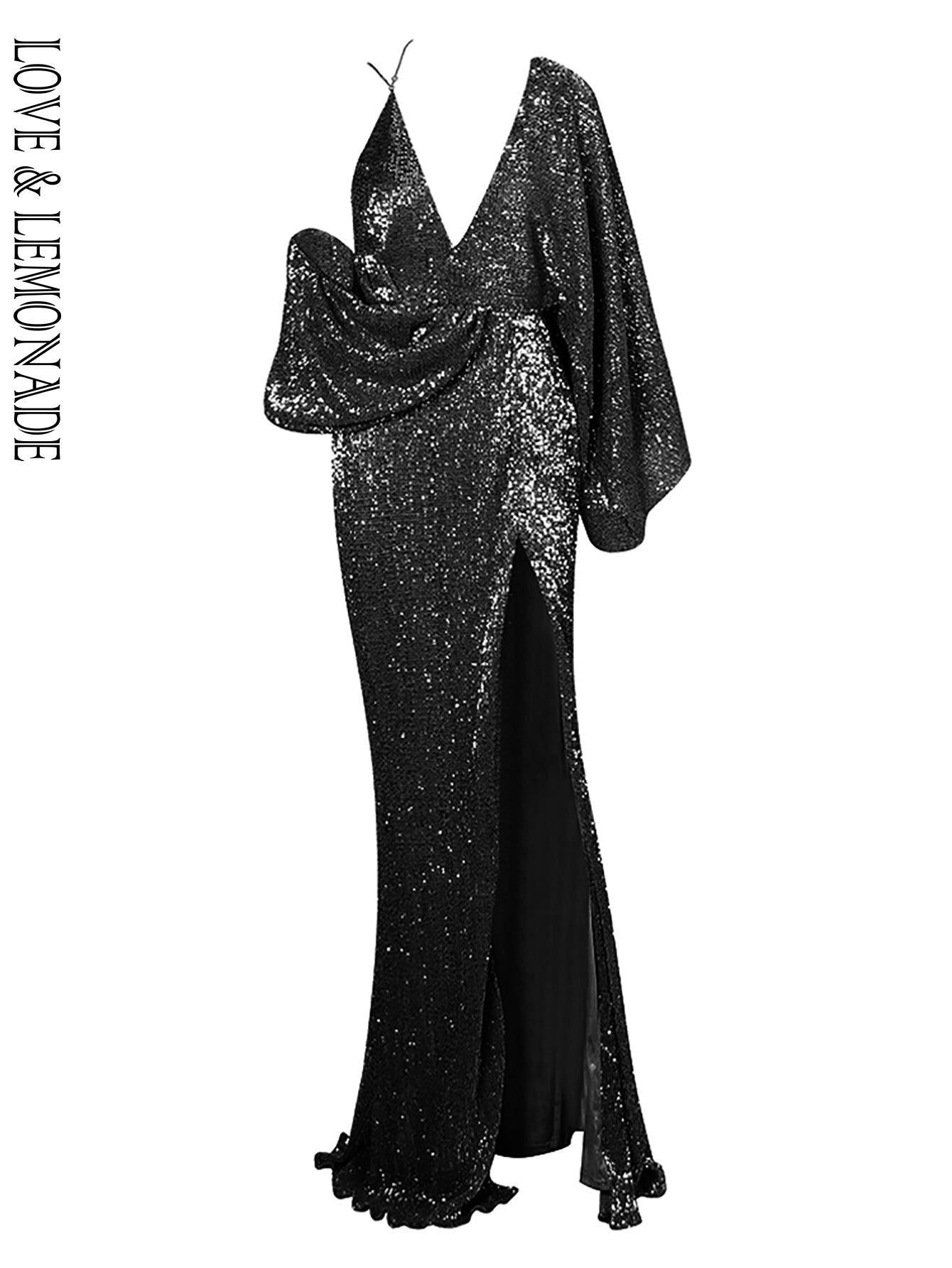 LOVE&amp;LEMONADE Sexy Black V-Neck Single Sleeve Sequins Split Party Maxi Dress LM81848