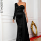 LOVE&amp;LEMONADE Sexy Black V-Neck Wrap Chest One-Shoulder Slit Streamer Fitted Party Dress LM83946