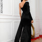 LOVE&amp;LEMONADE Sexy Black V-Neck Wrap Chest One-Shoulder Slit Streamer Fitted Party Dress LM83946