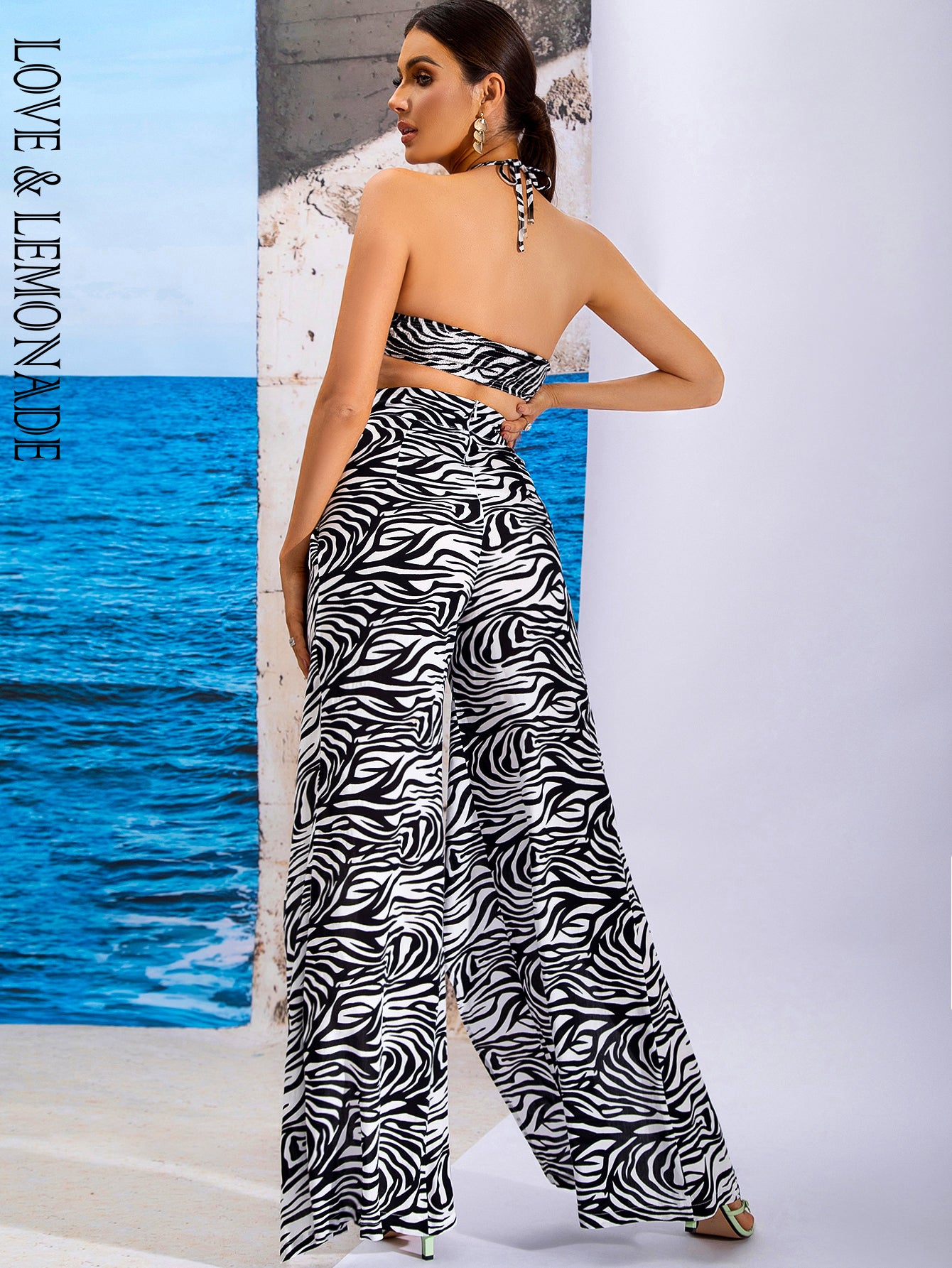 LOVE&amp;LEMONADE Sexy Black Zebra Print Tube Top Strap Drawstring Spring Suit LM83511 BLACK