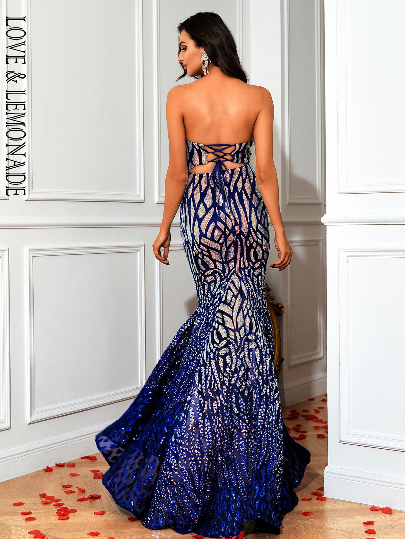 LOVE&amp;LEMONADE Sexy Blue Backless Geometric Slit A-Line Sequin Slim Fit Party Maxi Dress LM84256