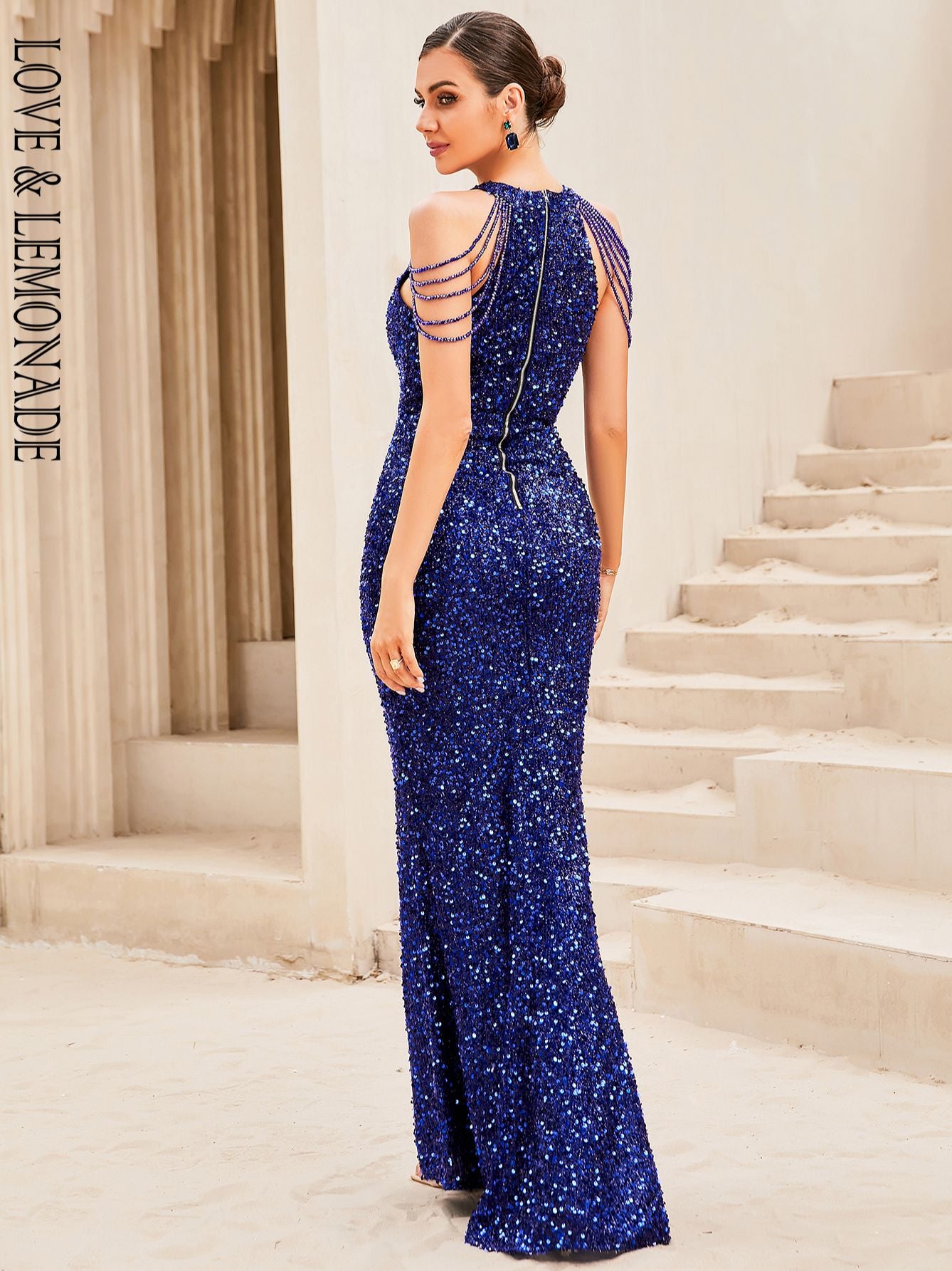 LOVE&amp;LEMONADE Sexy Blue Crew Neck Open Back Pleated Stretch Sequined Long Dress 4 Colors LM84111