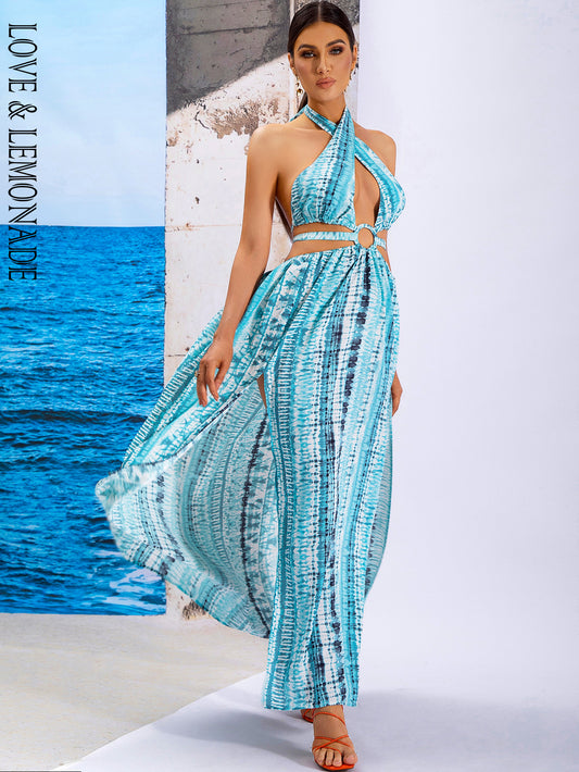 LOVE&amp;LEMONADE Sexy Blue Cross Strap Sleeveless Hollow Geometric Ripple Beach Long Dress AD03983 BLUE