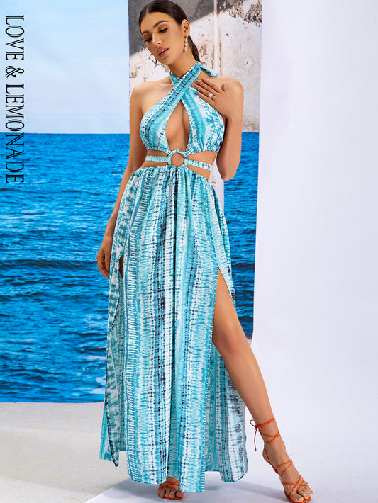 LOVE&amp;LEMONADE Sexy Blue Cross Strap Sleeveless Hollow Geometric Ripple Beach Long Dress AD03983 BLUE