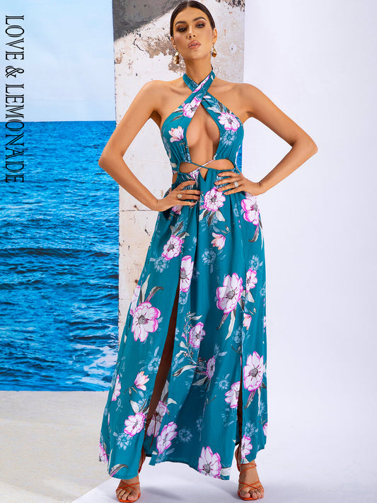 LOVE&amp;LEMONADE Sexy Blue Cross Strap Tube Top Sleeveless Cutout Print Beach Long Dress WD04053 -BLUE