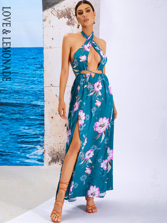 LOVE&amp;LEMONADE Sexy Blue Cross Strap Tube Top Sleeveless Cutout Print Beach Long Dress WD04053 -BLUE