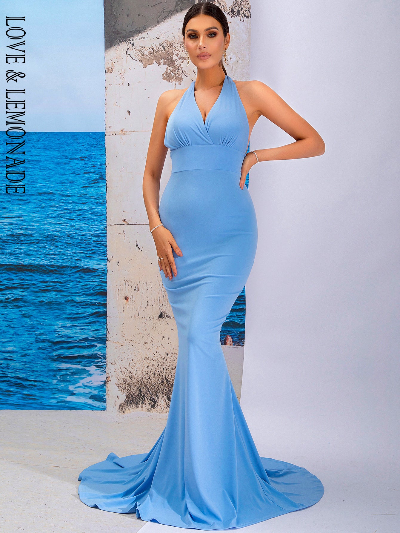 LOVE&amp;LEMONADE Sexy Blue Deep V Neck Fitted Halter Mermaid Floor Party Maxi Dress LM84294