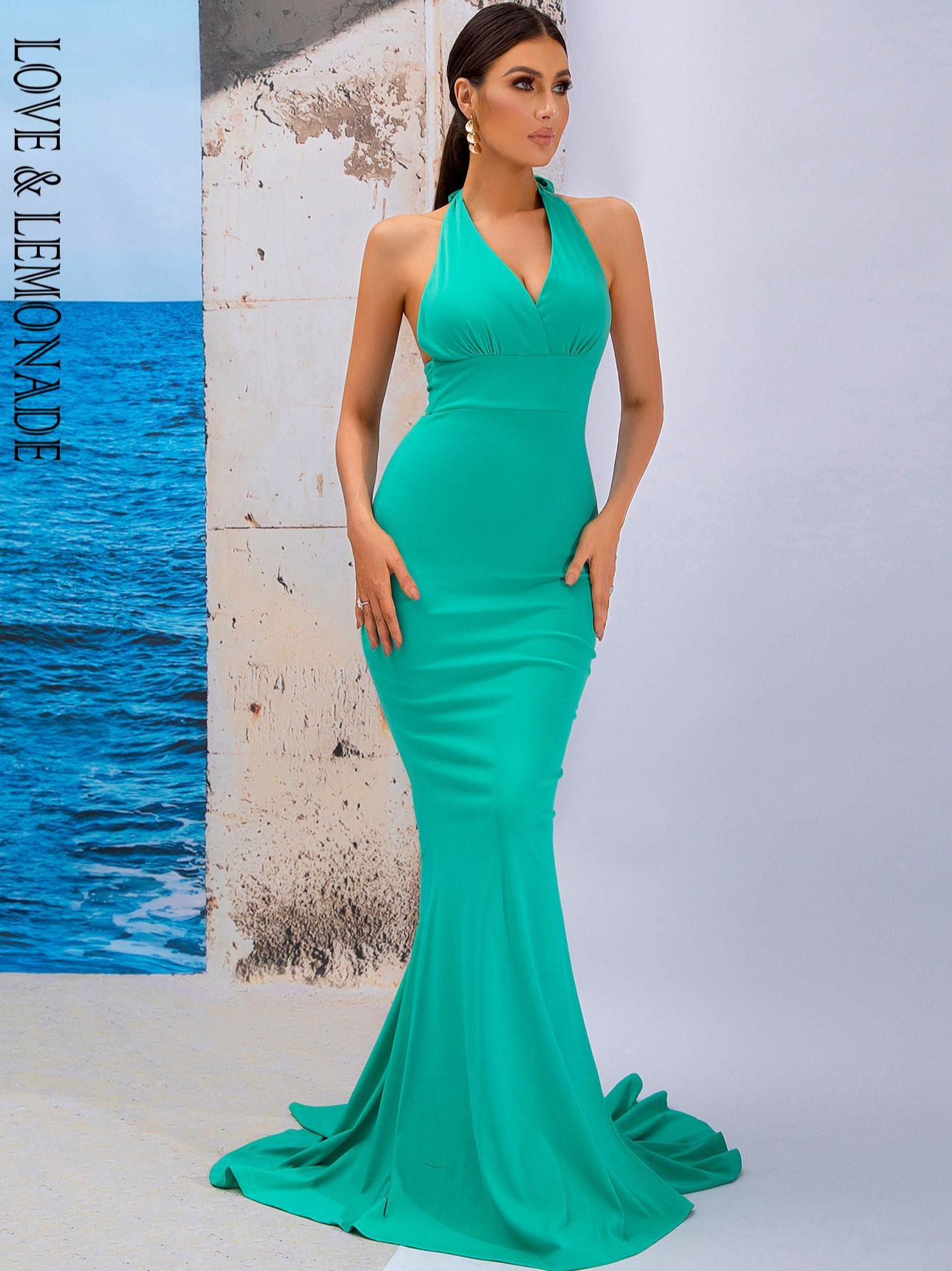 LOVE&amp;LEMONADE Sexy Blue Deep V Neck Fitted Halter Mermaid Floor Party Maxi Dress LM84294