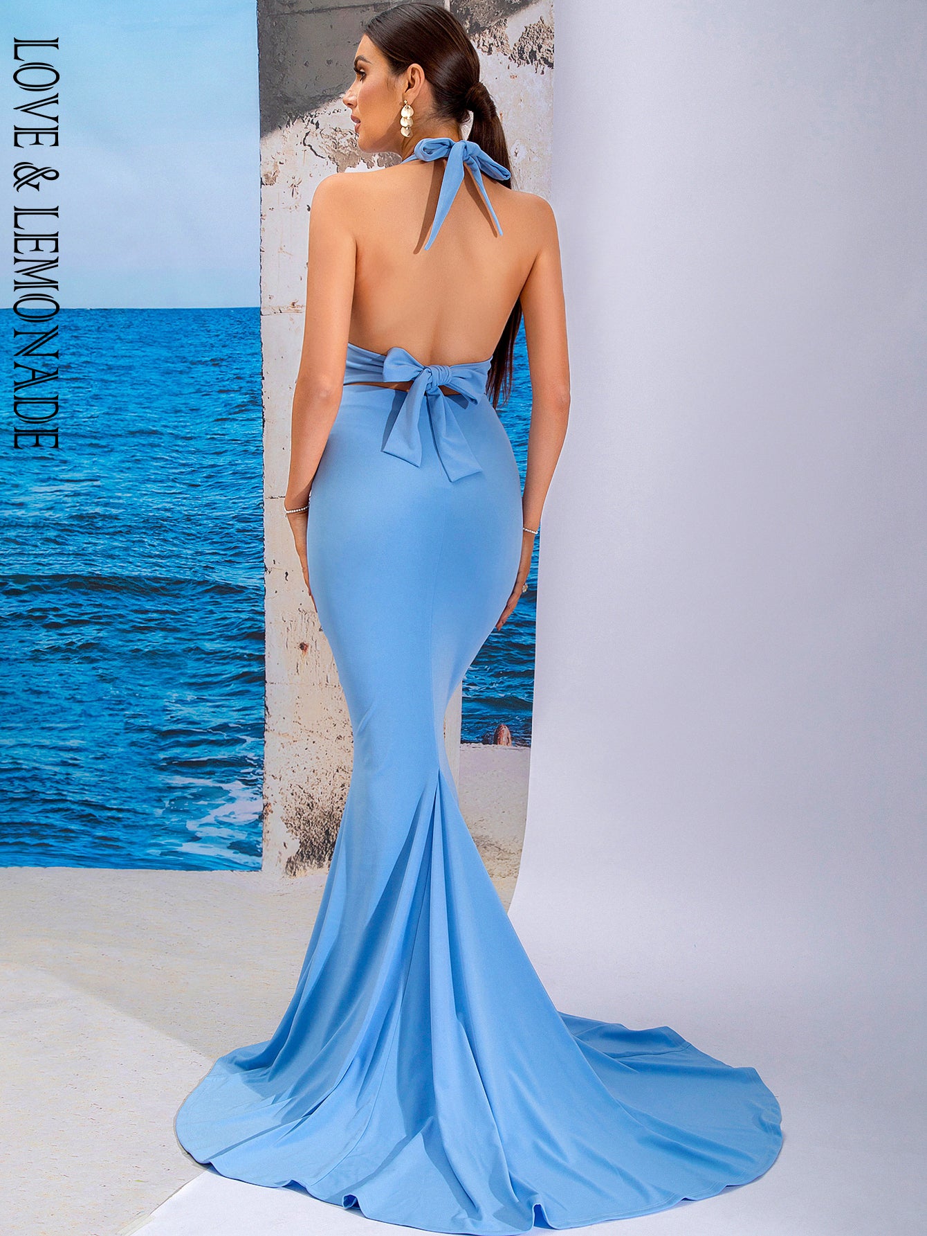 LOVE&amp;LEMONADE Sexy Blue Deep V Neck Fitted Halter Mermaid Floor Party Maxi Dress LM84294