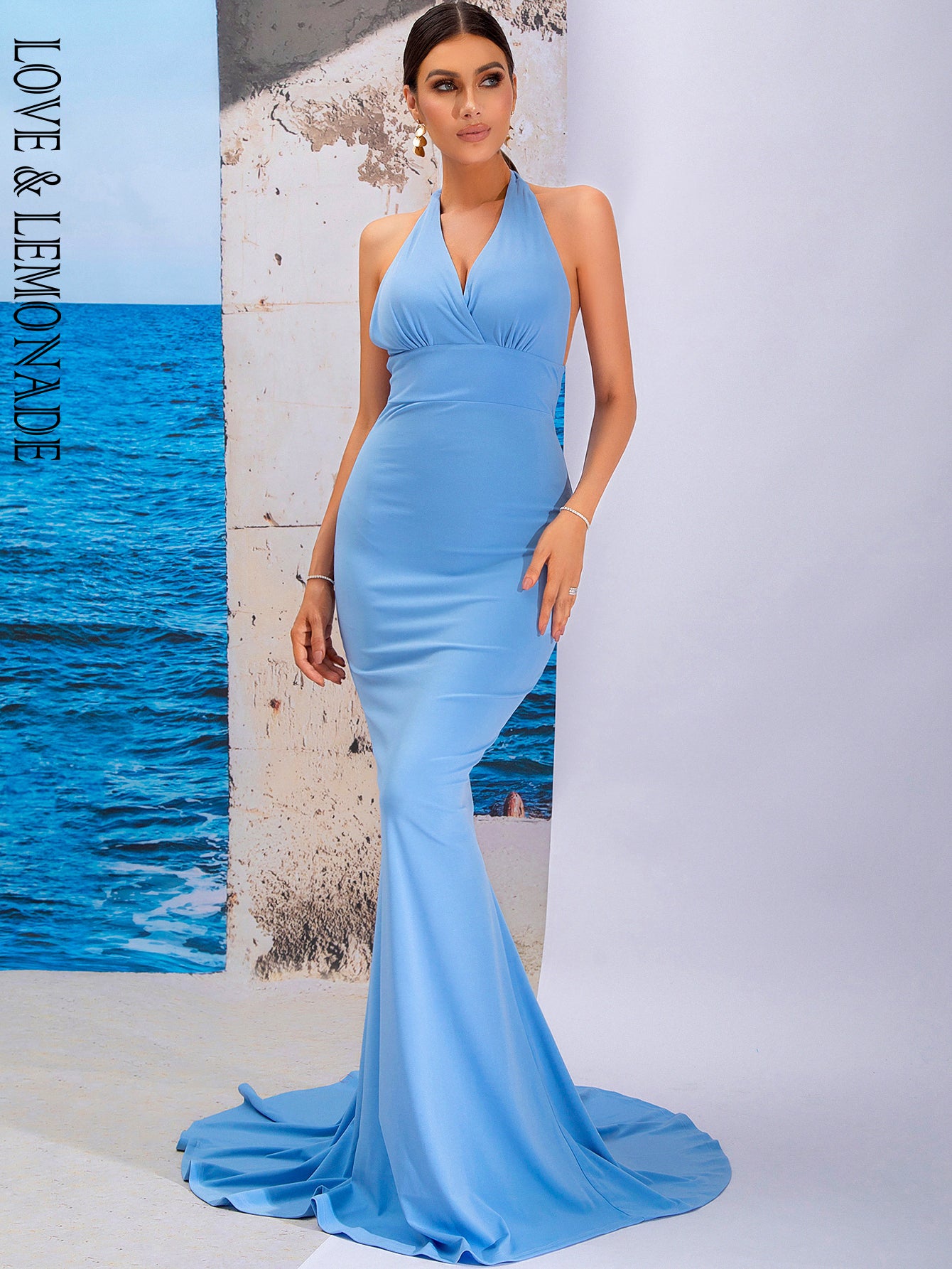 LOVE&amp;LEMONADE Sexy Blue Deep V Neck Fitted Halter Mermaid Floor Party Maxi Dress LM84294