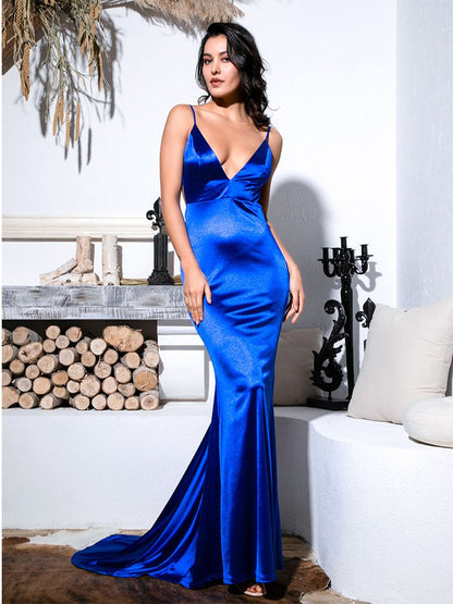 LOVE&amp;LEMONADE Sexy Blue Deep V-Neck Open Back Slim Flash Material Long Dress LM81222