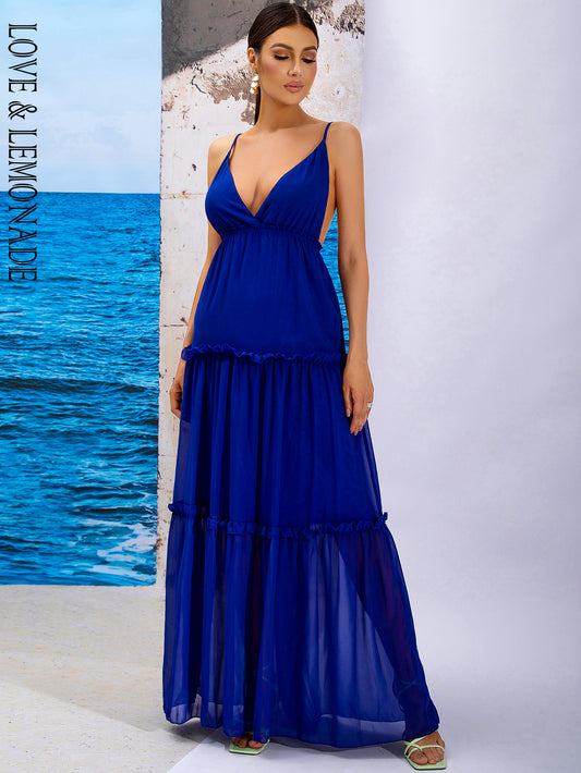 LOVE&amp;LEMONADE Sexy Blue Deep V-Neck Sleeveless Backless A-Line Stretch Party Maxi Dress LM83540-A BLUE