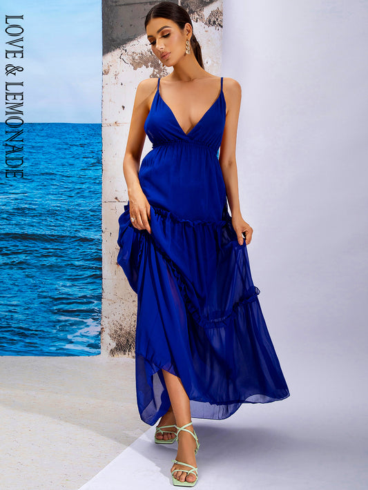 LOVE&amp;LEMONADE Sexy Blue Deep V-Neck Sleeveless Backless A-Line Stretch Party Maxi Dress LM83540-A BLUE