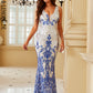 LOVE&LEMONADE Sexy Blue Deep V-Neck Sleeveless Sequined Geometric Fishtail Party Maxi Dress LM84242