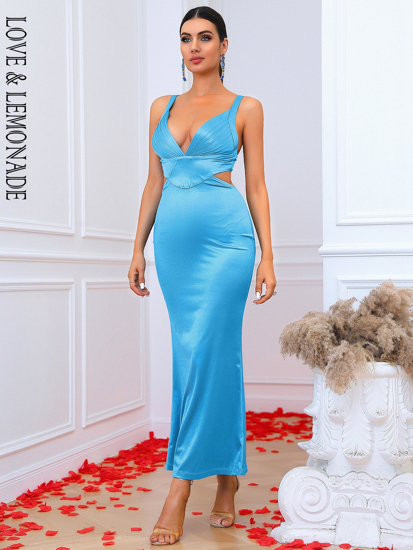 LOVE&amp;LEMONADE Sexy Blue Deep V Neck Sleeveless Slit Party Long Dress AD03031 GREEN