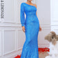 LOVE&amp;LEMONADE Sexy Blue Diagonal Neck Single Long Sleeve Sequin Tunic Waist Reflective Satin Party Maxi Dress LM84364