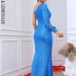 LOVE&amp;LEMONADE Sexy Blue Diagonal Neck Single Long Sleeve Sequin Tunic Waist Reflective Satin Party Maxi Dress LM84364