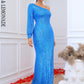 LOVE&amp;LEMONADE Sexy Blue Diagonal Neck Single Long Sleeve Sequin Tunic Waist Reflective Satin Party Maxi Dress LM84364