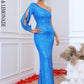 LOVE&amp;LEMONADE Sexy Blue Diagonal Neck Single Long Sleeve Sequin Tunic Waist Reflective Satin Party Maxi Dress LM84364