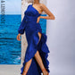 LOVE&amp;LEMONADE Sexy Blue Off-Shoulder Side Whit Split Cut Out Ruffled Long Sleeve Maxi Dress LM82202-1