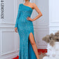 LOVE&amp;LEMONADE Sexy Blue One-Shoulder Open-Back Slit Sequin Body-Hugging Party Maxi Dress LM84192