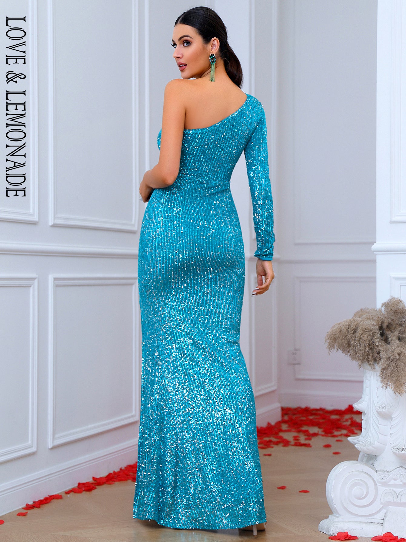 LOVE&amp;LEMONADE Sexy Blue One-Shoulder Open-Back Slit Sequin Body-Hugging Party Maxi Dress LM84192