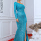 LOVE&amp;LEMONADE Sexy Blue One-Shoulder Open-Back Slit Sequin Body-Hugging Party Maxi Dress LM84192