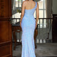 LOVE&amp;LEMONADE Sexy Blue One Shoulder Slant Neck Sequin Slim Fit Slit Open Back Party Maxi Dress  LM84402