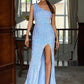 LOVE&amp;LEMONADE Sexy Blue One Shoulder Slant Neck Sequin Slim Fit Slit Open Back Party Maxi Dress  LM84402