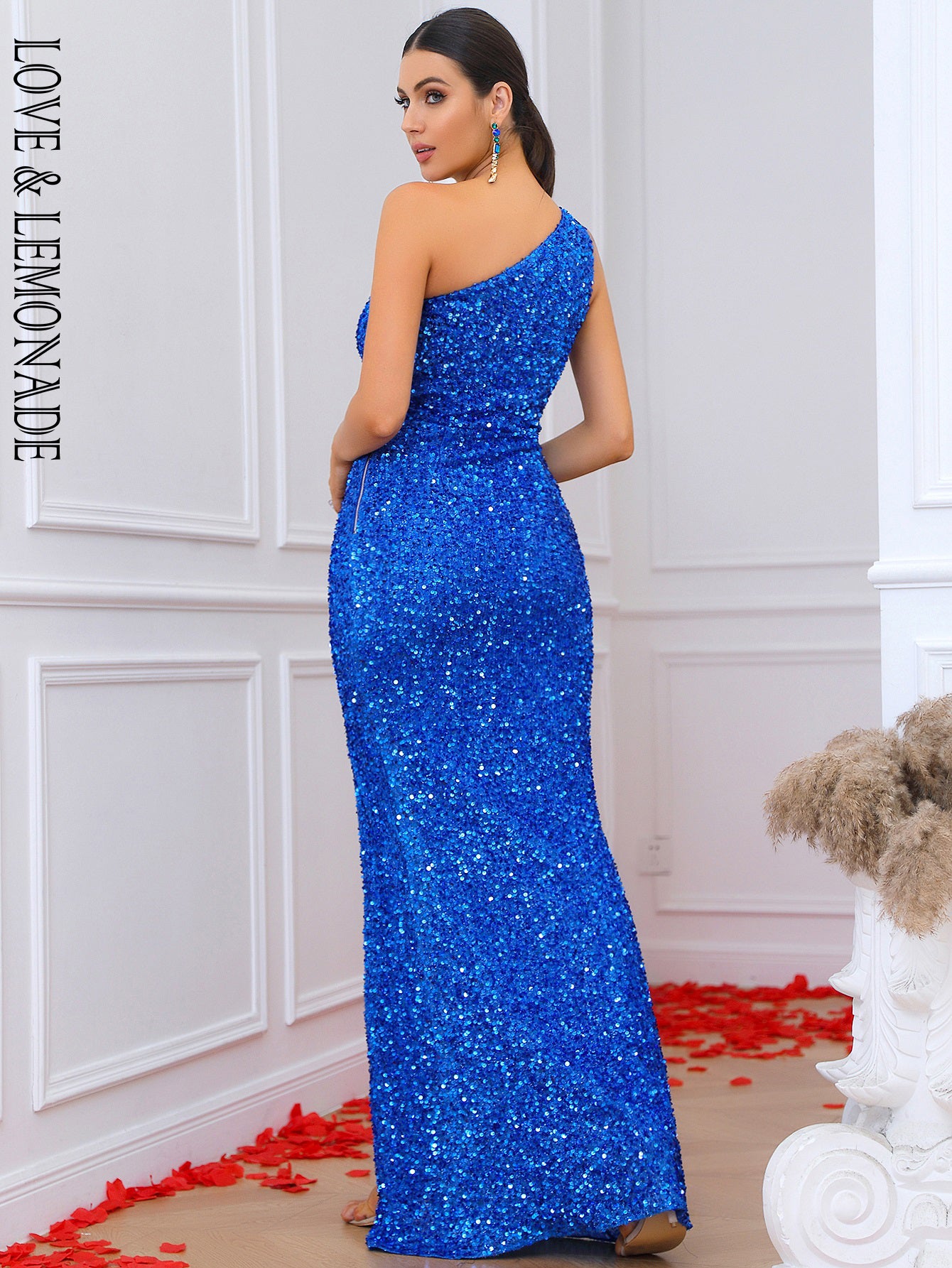 LOVE&amp;LEMONADE Sexy Blue One-Shoulder Sleeveless Slit Sequin Slim Fit Floor Party Dress LM84310