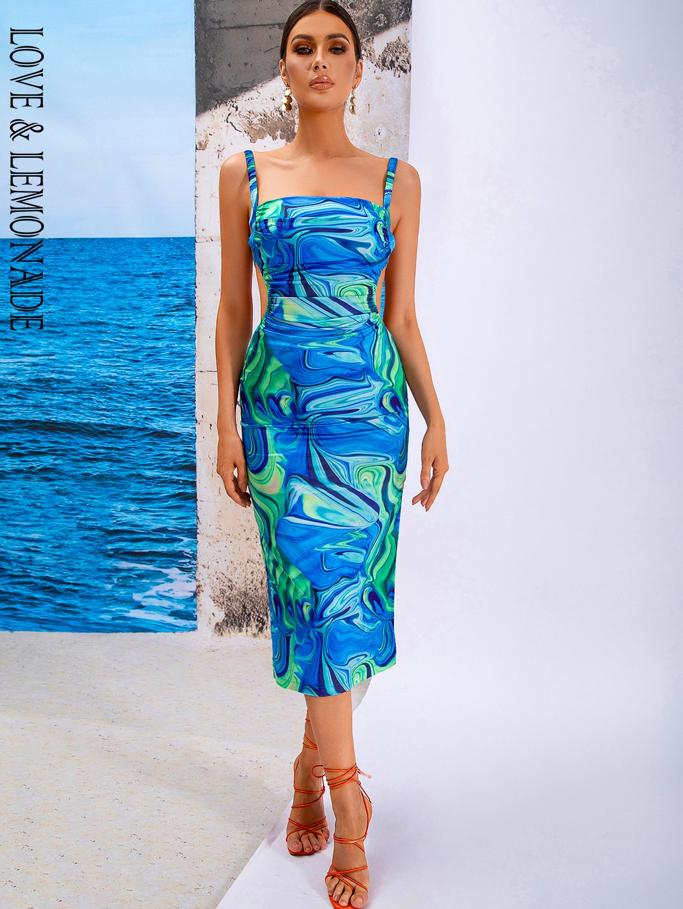 LOVE&amp;LEMONADE Sexy Blue Sling Cutout Swirl Panel Party Midi Dress AD03895-BLUE