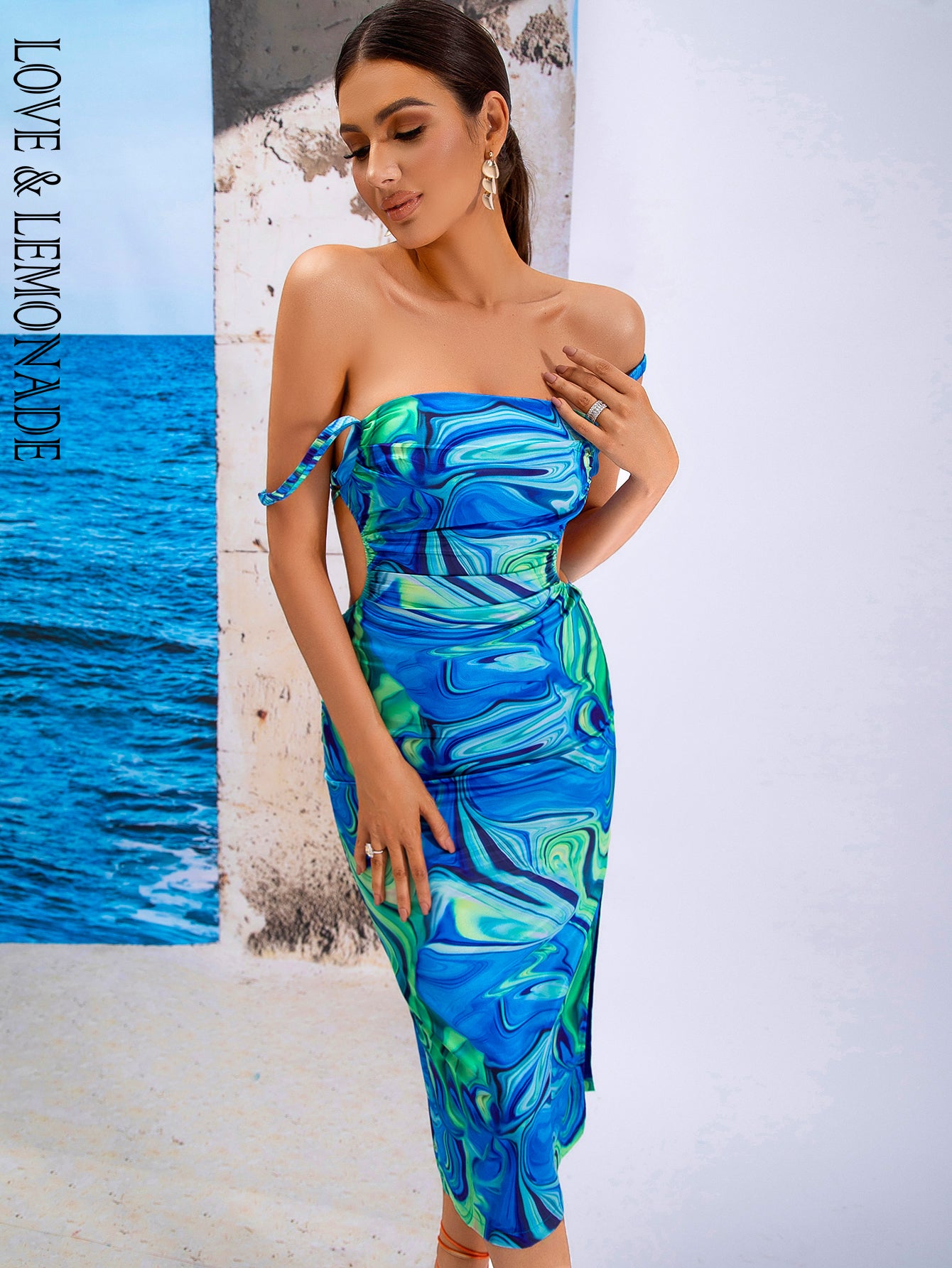 LOVE&amp;LEMONADE Sexy Blue Sling Cutout Swirl Panel Party Midi Dress AD03895-BLUE