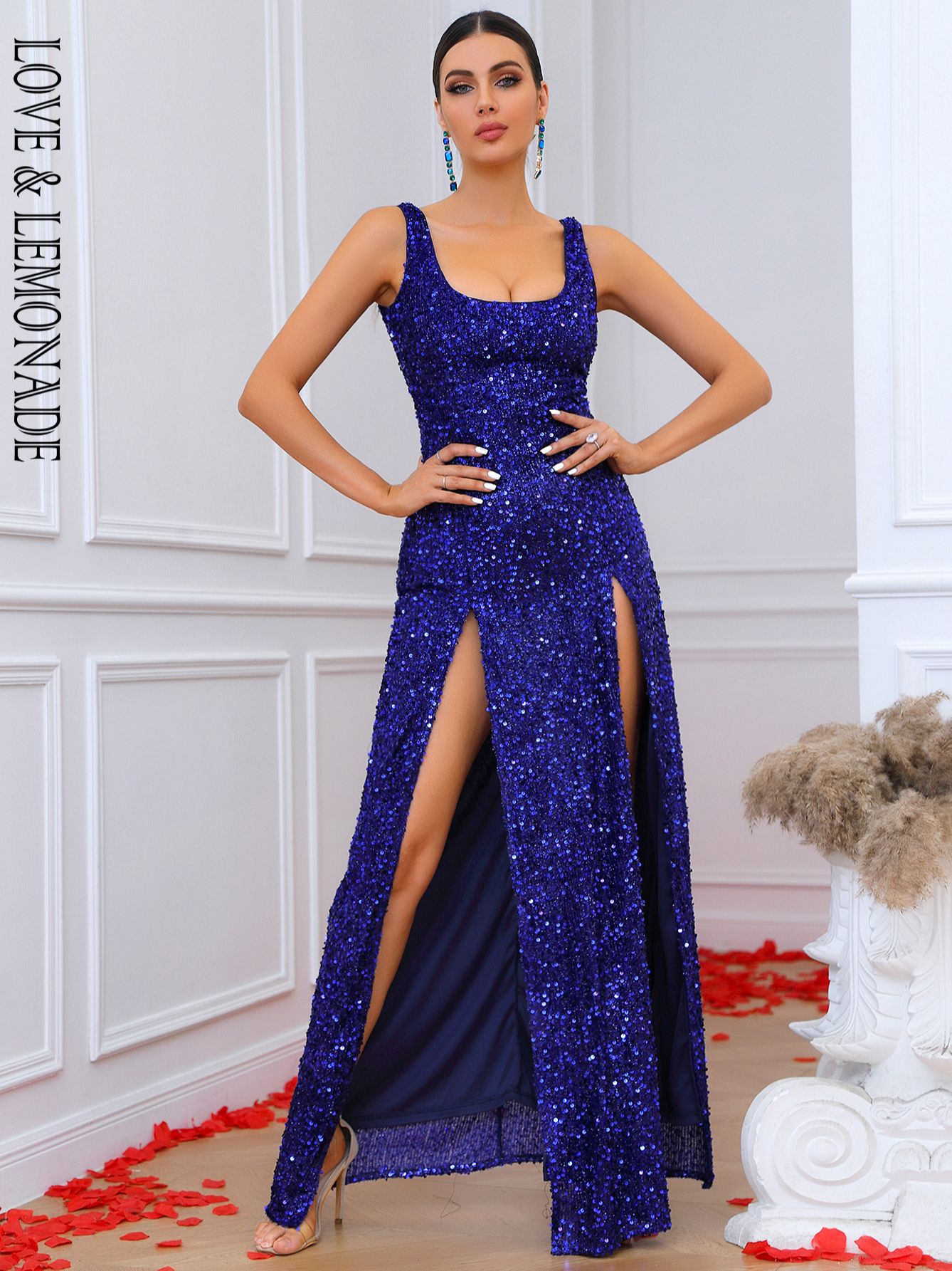 LOVE&amp;LEMONADE  Sexy Blue Square Neck Sleeveless Sequined Slit Party Maxi Dress LM84266