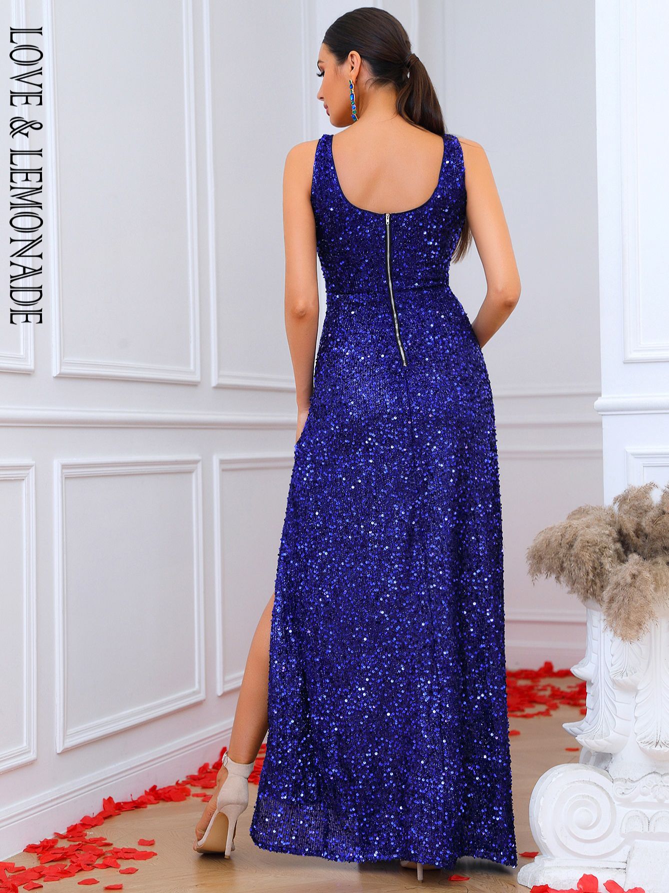 LOVE&amp;LEMONADE  Sexy Blue Square Neck Sleeveless Sequined Slit Party Maxi Dress LM84266