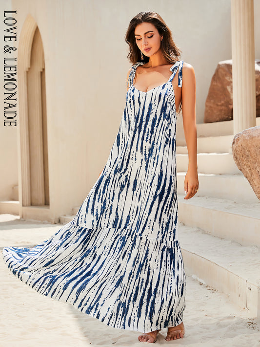 LOVE&amp;LEMONADE Sexy Blue Square Neck Striped Sleeveless Strap Spring Summer Beach Long Dress LM83441-1