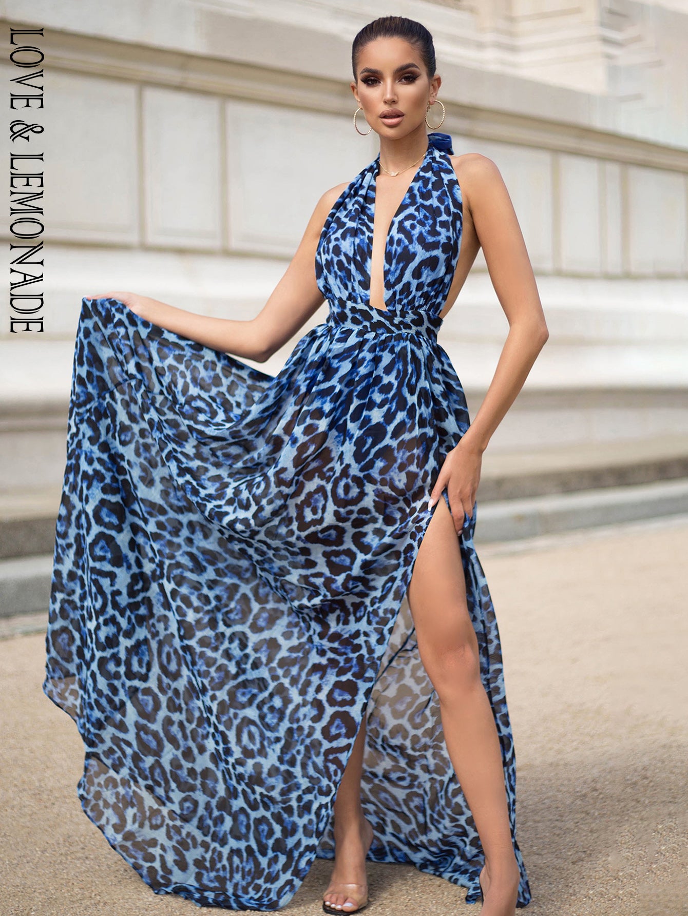 LOVE&amp;LEMONADE Sexy Blue V-Neck Open Back Cut Out Leopard Chiffon Summer Long Dress  LM81049