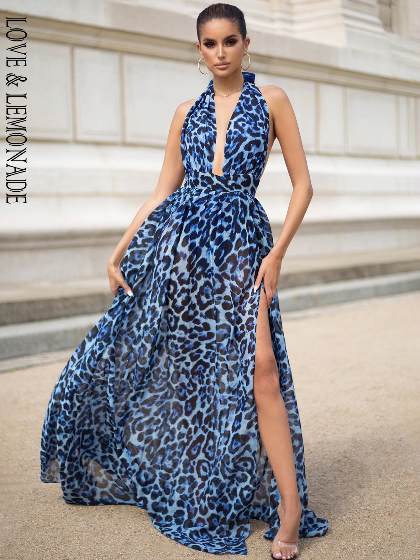 LOVE&amp;LEMONADE Sexy Blue V-Neck Open Back Cut Out Leopard Chiffon Summer Long Dress  LM81049