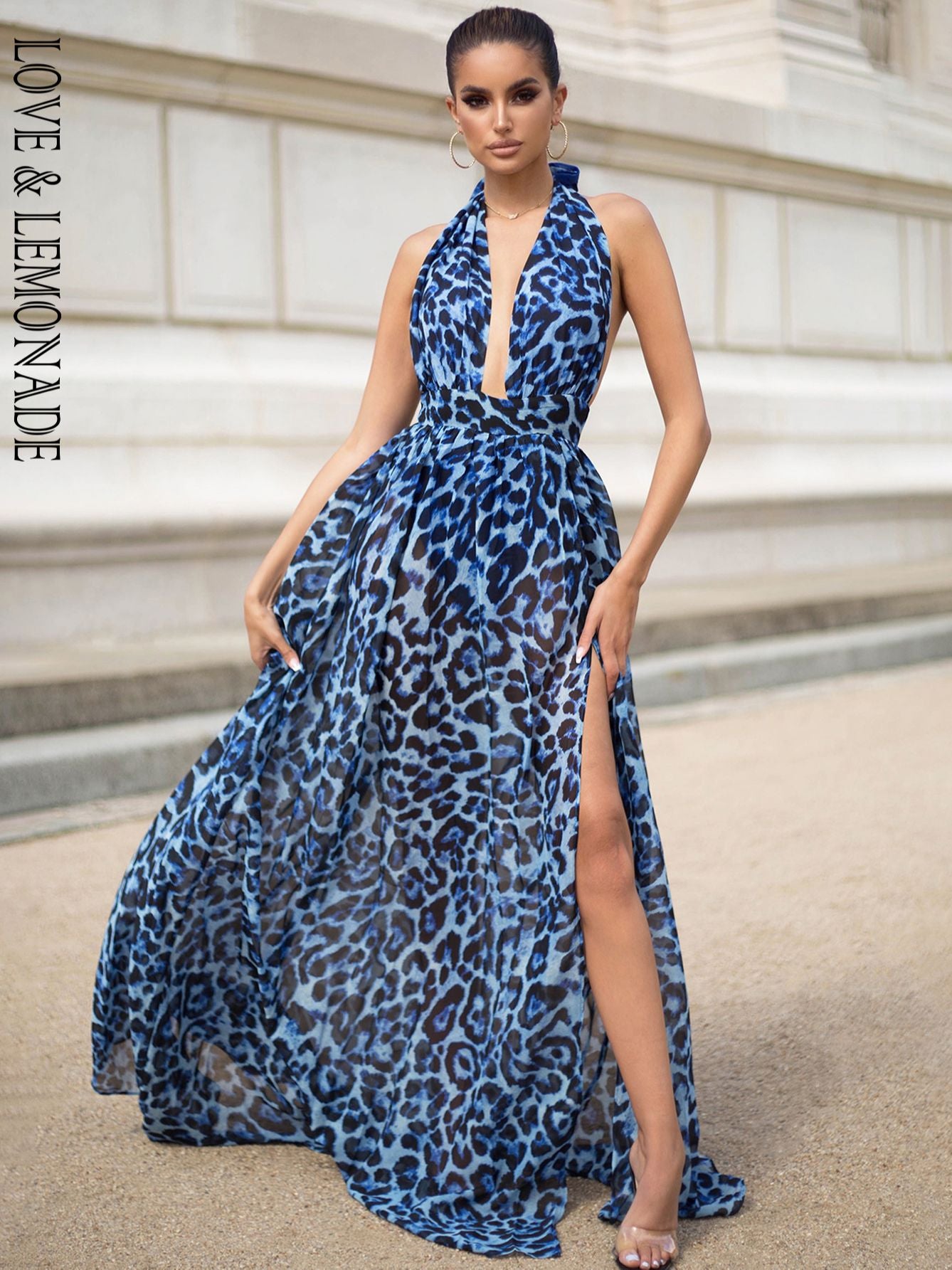 LOVE&amp;LEMONADE Sexy Blue V-Neck Open Back Cut Out Leopard Chiffon Summer Long Dress  LM81049