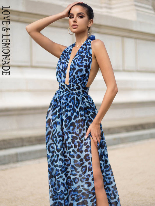 LOVE&amp;LEMONADE Sexy Blue V-Neck Open Back Cut Out Leopard Chiffon Summer Long Dress  LM81049